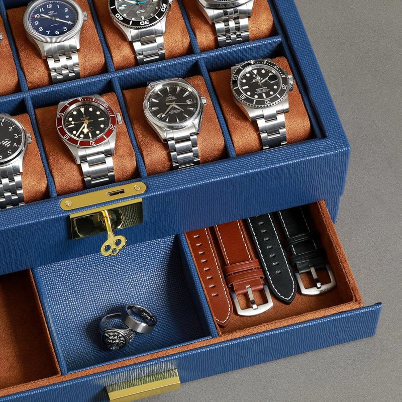 ROTHWELL 10-Slot Watch Box in Leather with Valet Drawer, Luxury Watch Case Display Organizer with Ultra Soft Microsuede Liner, Jewelry and Sunglass Holder With Large Glass top (Blue/Tan) - Image 5